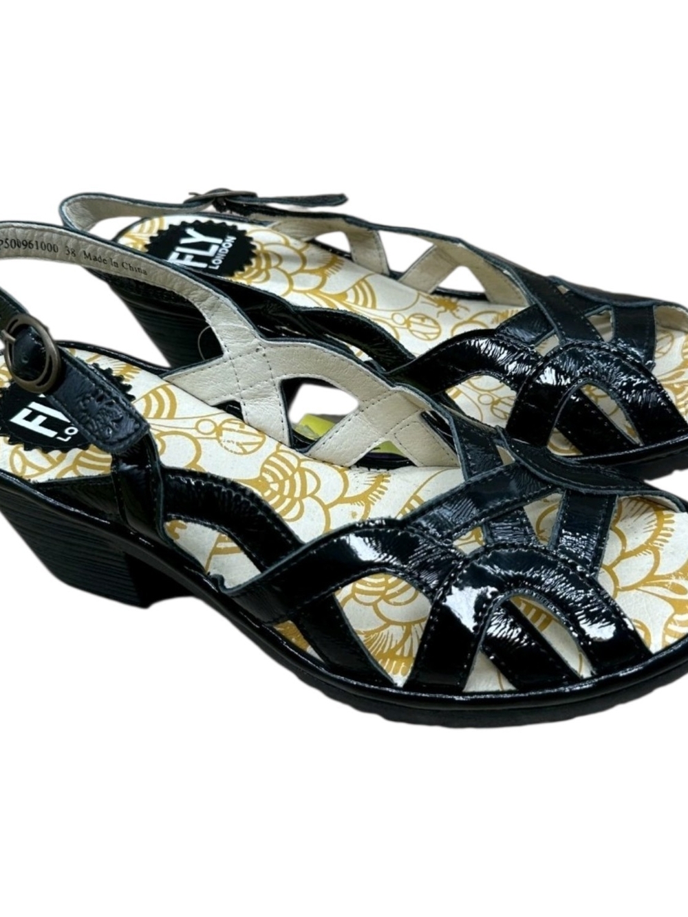 FLY London Black Patent Cutout Slingback Wedge Heels Eu 38 US 7.5-8